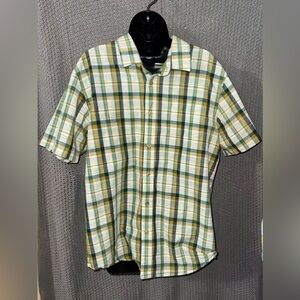 Prana Shirt Mens Large Green Plaid Organic Cotton Short Sleeve Button Designer